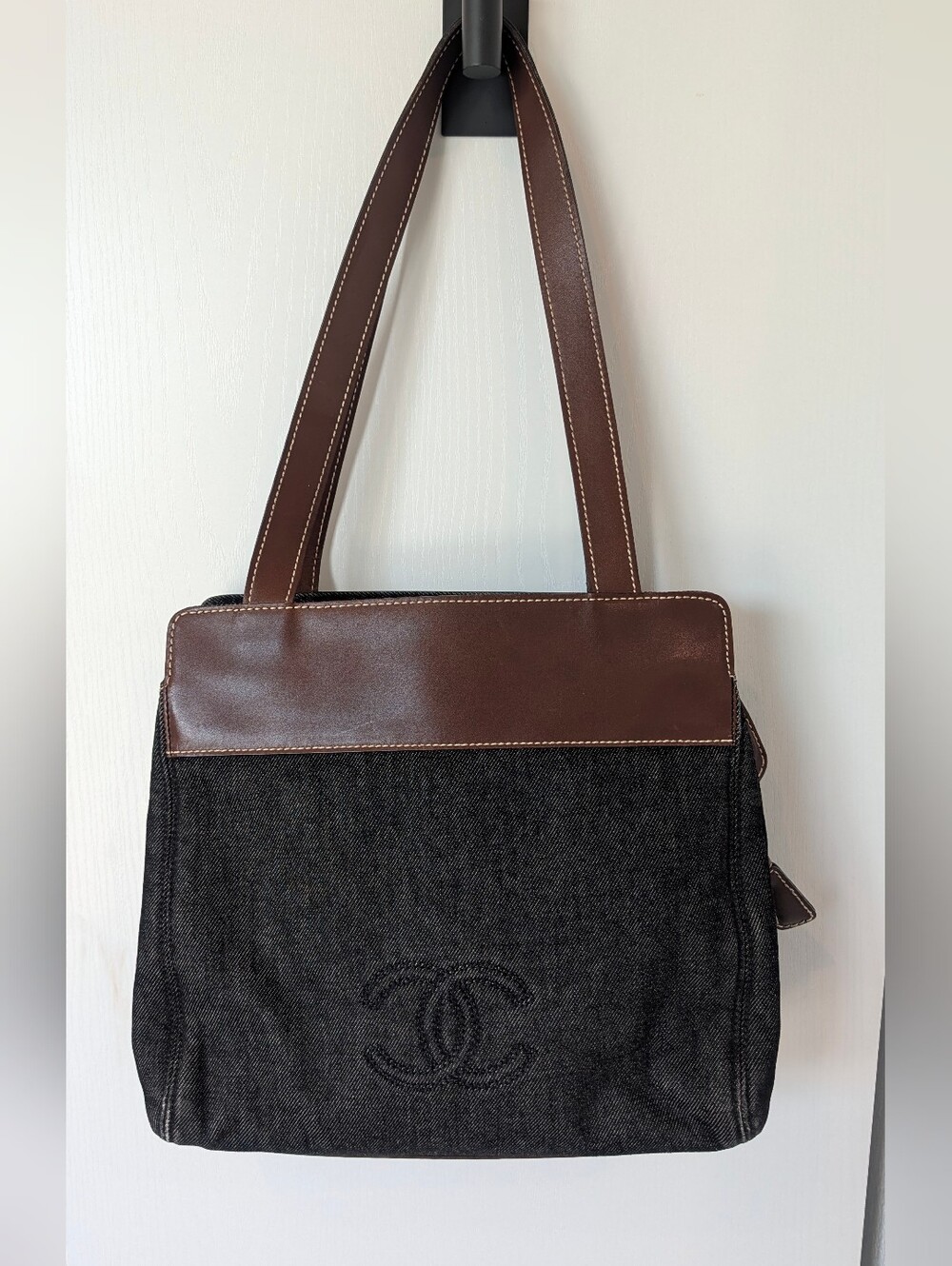 Chanel Denim In Black and Brown Leather Tote